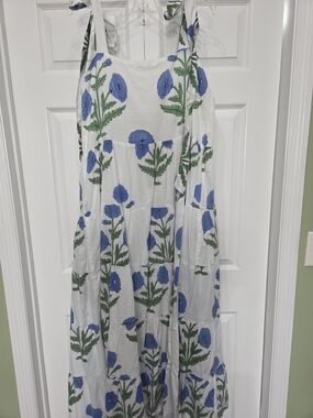 Darlington Isle White Maxi Dress with Blue Floral Print and Green Foliage